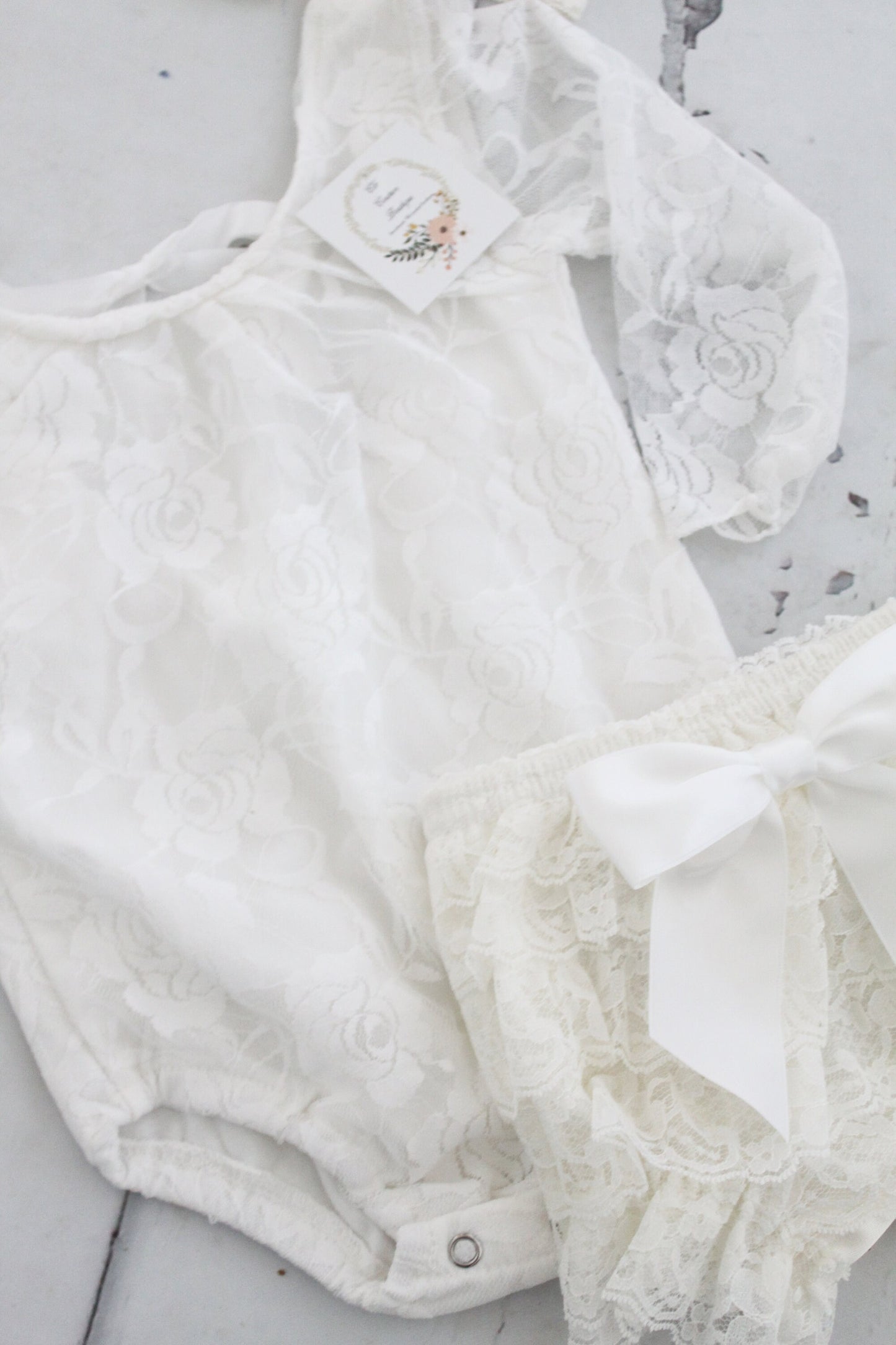 White Lace Bodysuit, Antique White Lace Diaper Cover, & Headband Baby Girl Boho Chic Lace Bodysuit Tie Back 1st Birthday Easter Mother's Day