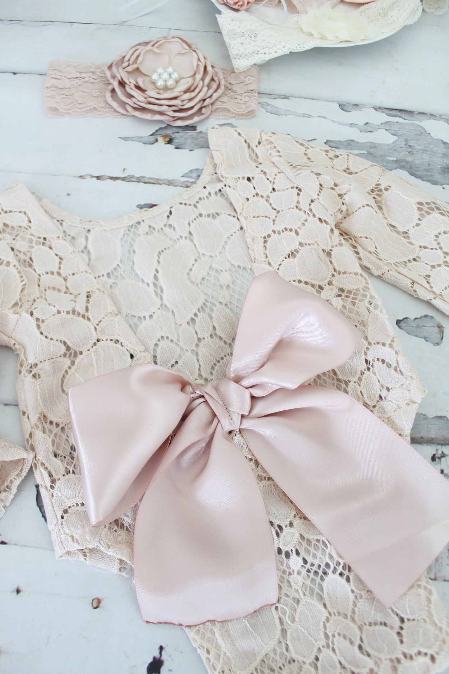 Summer Baby Girl Boho Lace Romper w Satin Blush Bow Headband Coming Home Outfit 1st Birthday Outfit Mommy Me Newborn Birthday Photo prop