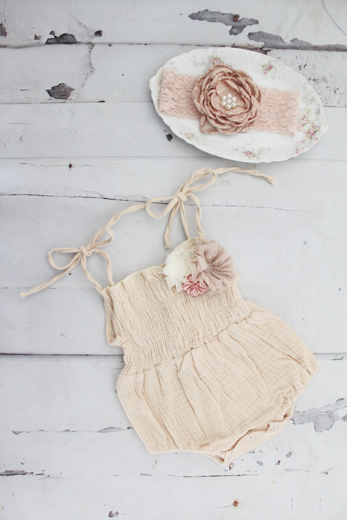 Fall Birthday Boho Smocked Romper w Floral Clip & Headband. Coming Home Outfit, 1st Birthday Outfit Mommy Me Newborn Baby Girl Photo Prop