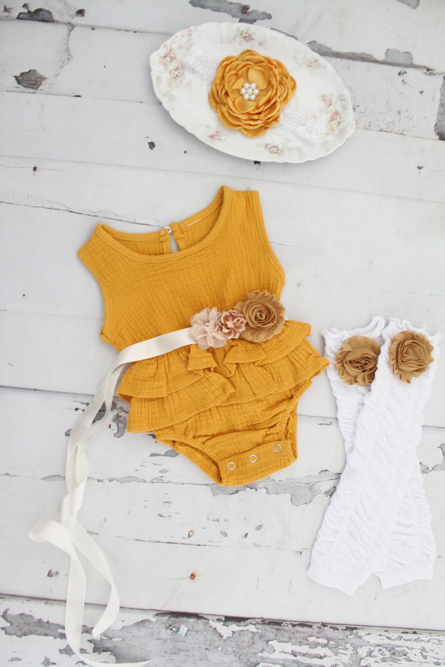 Summer Boho Chic Ruffle Romper w Sash & Headband. White, Pink, Mustard, Lavender. Newborn Baby Girl Coming Home Outfit, 1st Birthday Outfit