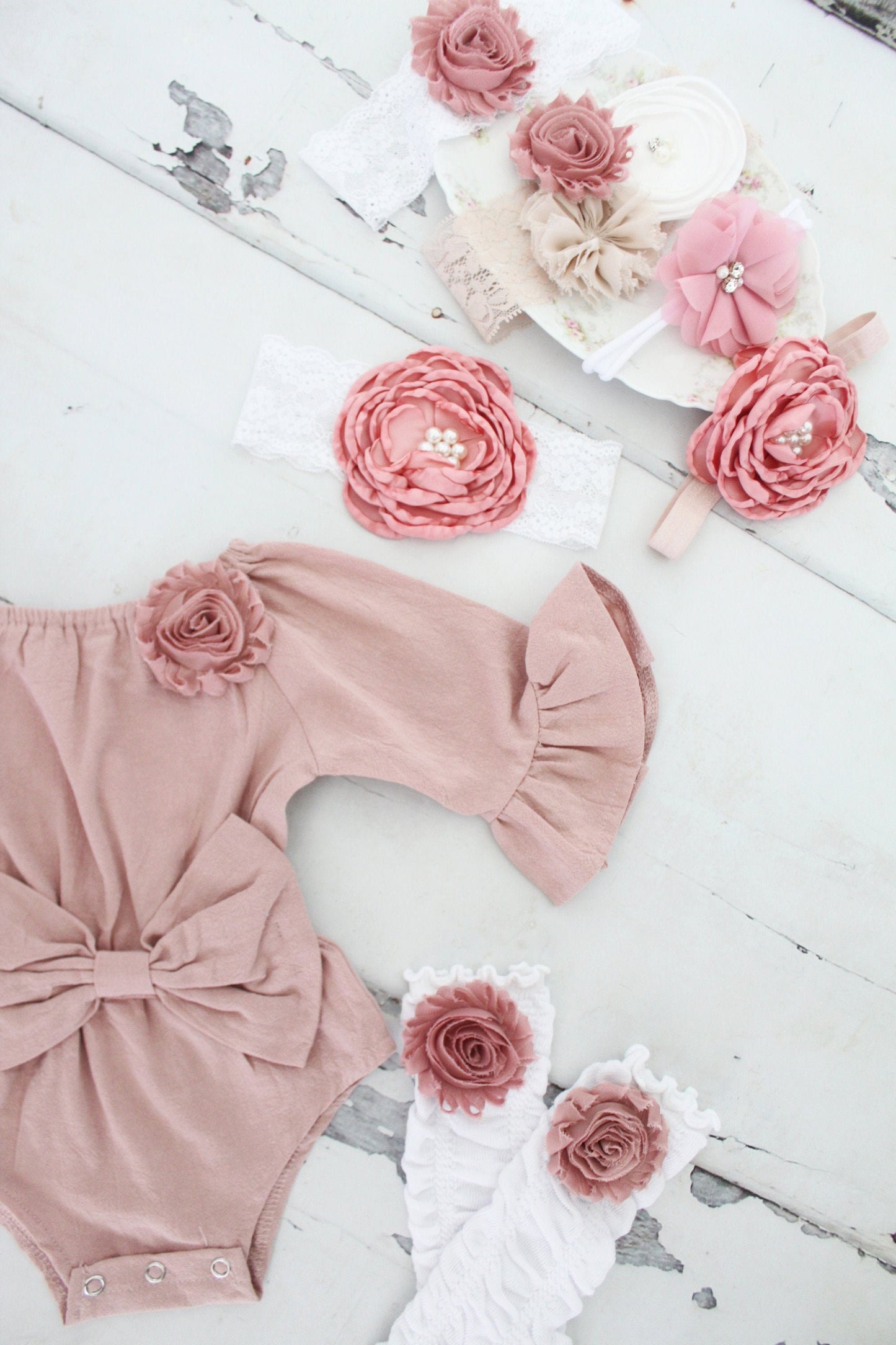 Easter Boho Chic Long Sleeve Romper w Bow, Leggings & Headband. Newborn Baby Girl Coming Home Outfit 1st Birthday Outfit Pink Mauve