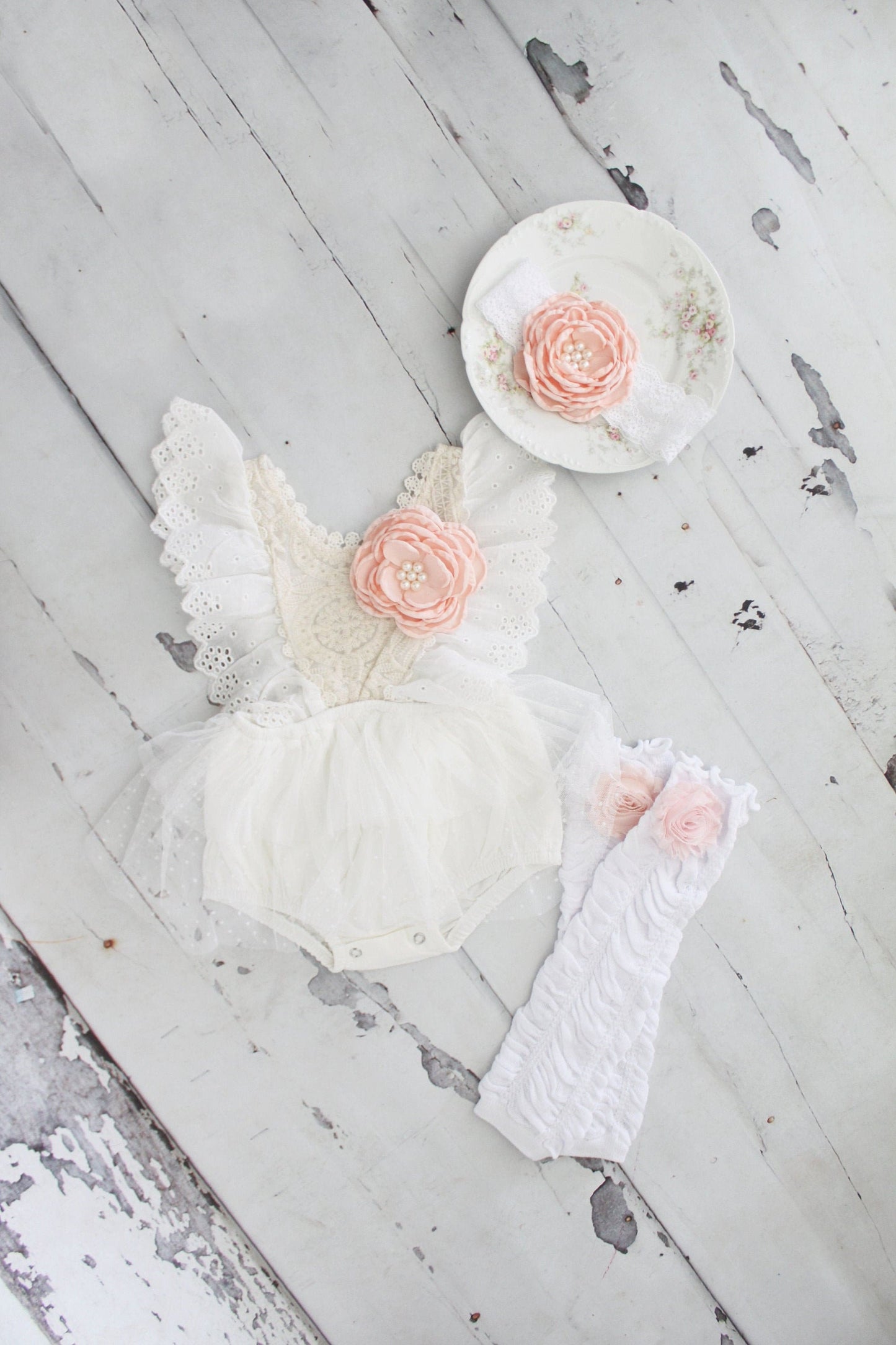 Baby Girl Boho Lace Romper with Blush Clip, Christmas Holiday Fall Leg Warmers & Bow, Coming Home Outfit 1st Birthday Wedding Rustic Lace
