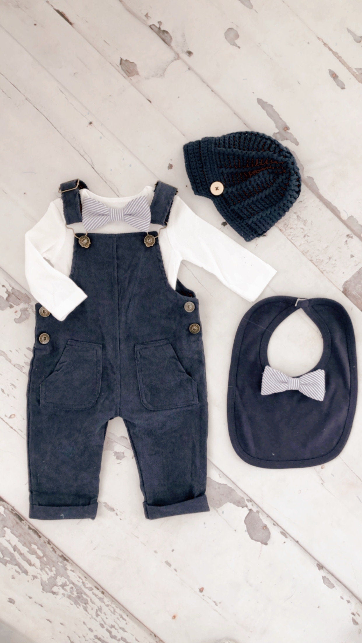 Easter Spring Baby Boy Navy Blue Corduroy Overalls with Seersucker Bow Tie Bodysuit Baby Boy Coming Home Outfit 1st Birthday Newsboy Hat