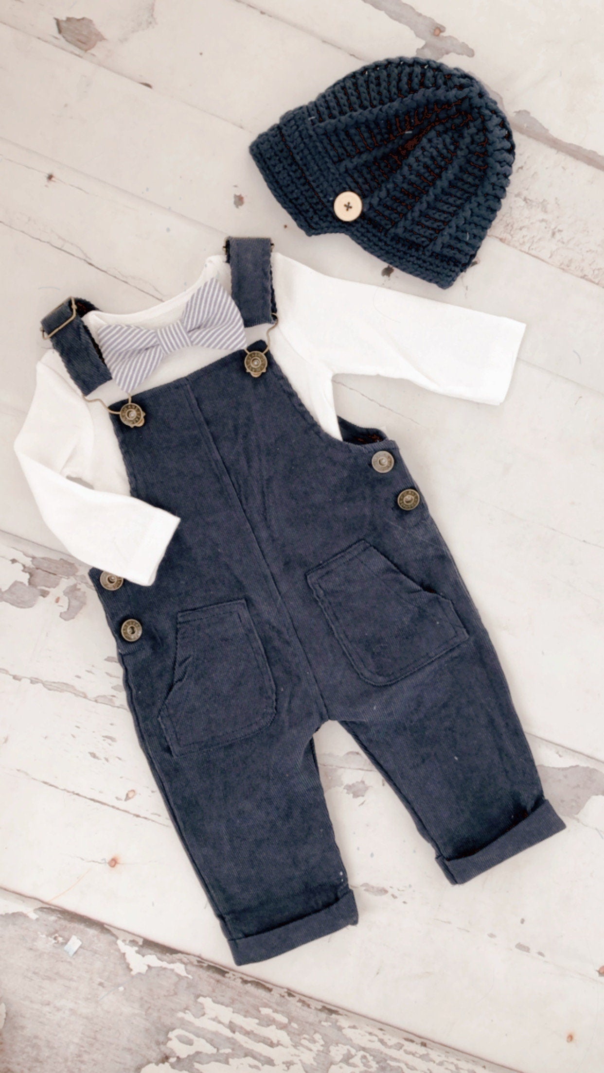 Easter Spring Baby Boy Navy Blue Corduroy Overalls with Seersucker Bow Tie Bodysuit Baby Boy Coming Home Outfit 1st Birthday Newsboy Hat