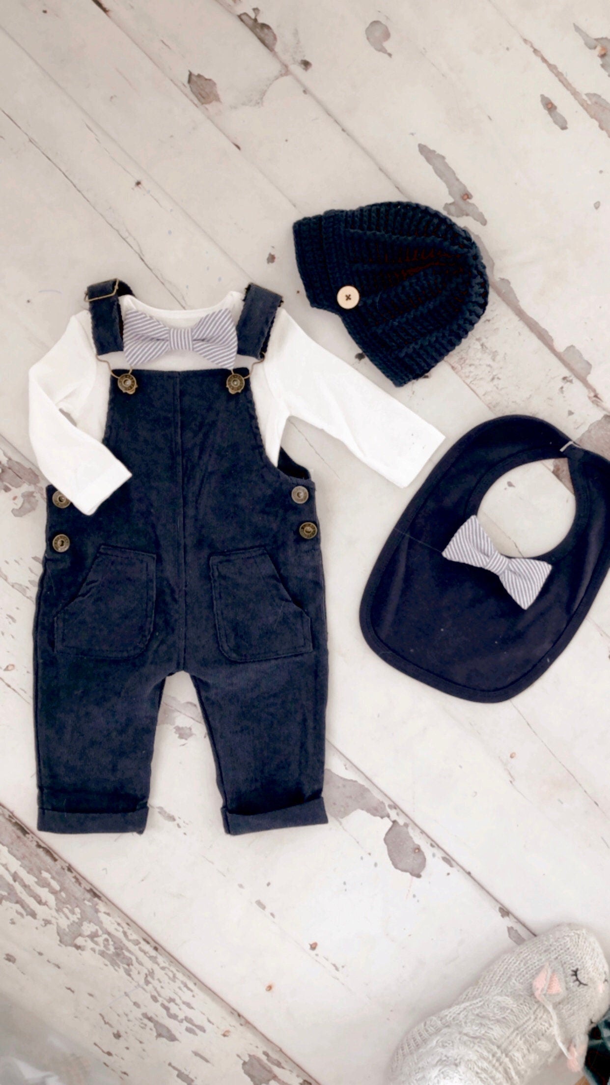 Easter Spring Baby Boy Navy Blue Corduroy Overalls with Seersucker Bow Tie Bodysuit Baby Boy Coming Home Outfit 1st Birthday Newsboy Hat