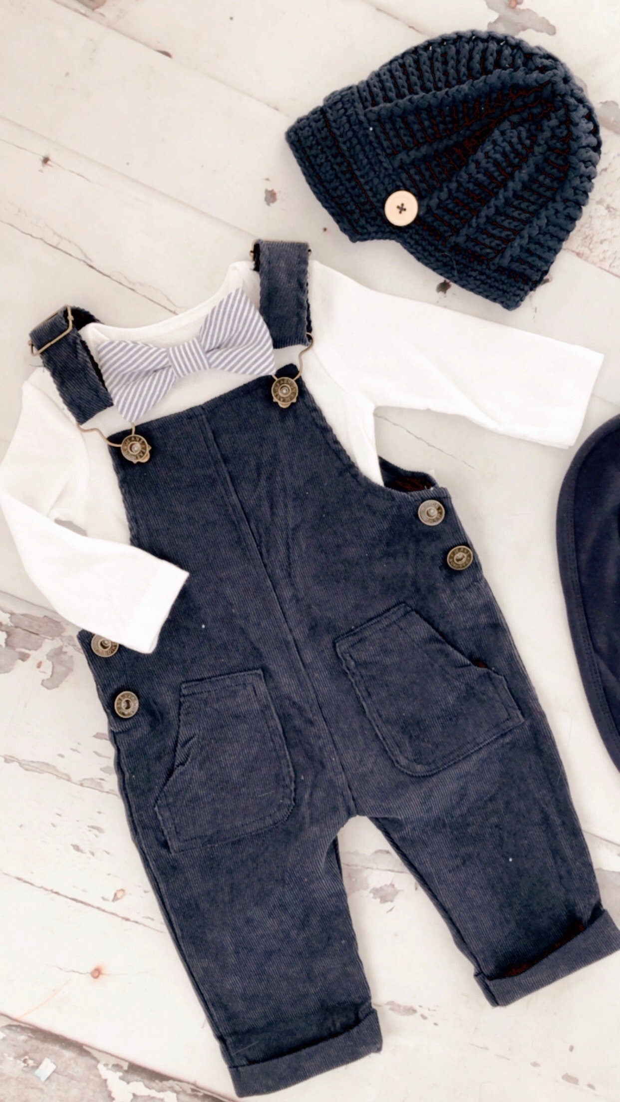 Easter Spring Baby Boy Navy Blue Corduroy Overalls with Seersucker Bow Tie Bodysuit Baby Boy Coming Home Outfit 1st Birthday Newsboy Hat