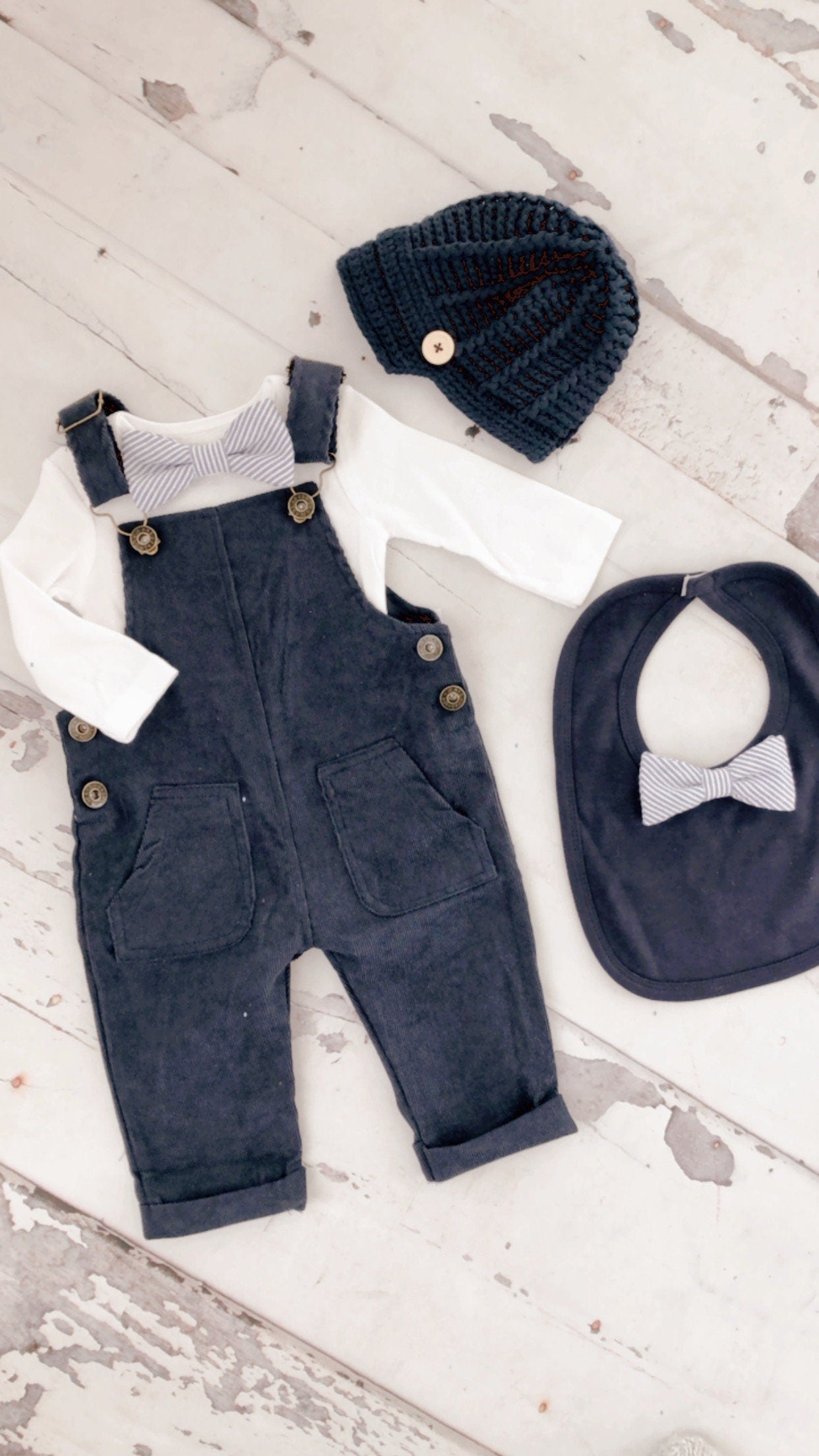 Easter Spring Baby Boy Navy Blue Corduroy Overalls with Seersucker Bow Tie Bodysuit Baby Boy Coming Home Outfit 1st Birthday Newsboy Hat
