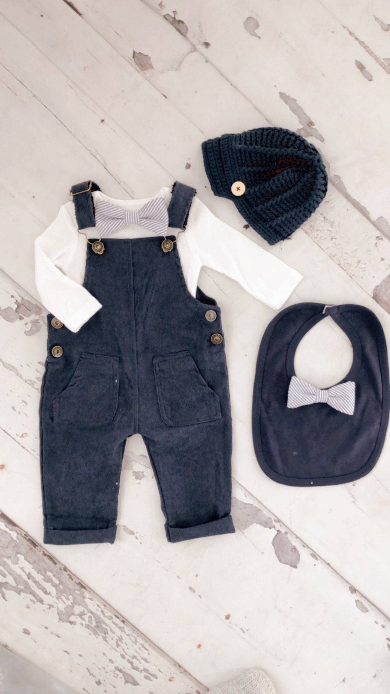 Easter Spring Baby Boy Navy Blue Corduroy Overalls with Seersucker Bow Tie Bodysuit Baby Boy Coming Home Outfit 1st Birthday Newsboy Hat