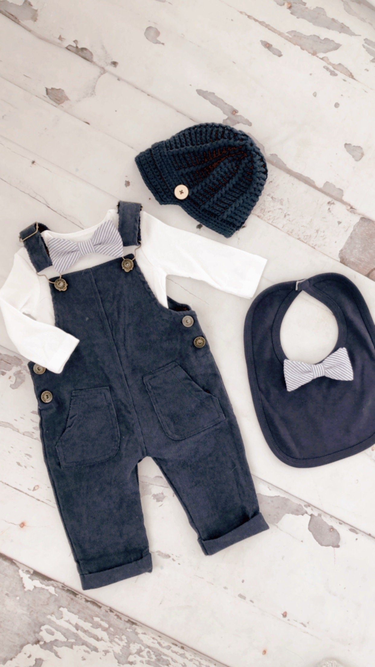 Easter Spring Baby Boy Navy Blue Corduroy Overalls with Seersucker Bow Tie Bodysuit Baby Boy Coming Home Outfit 1st Birthday Newsboy Hat