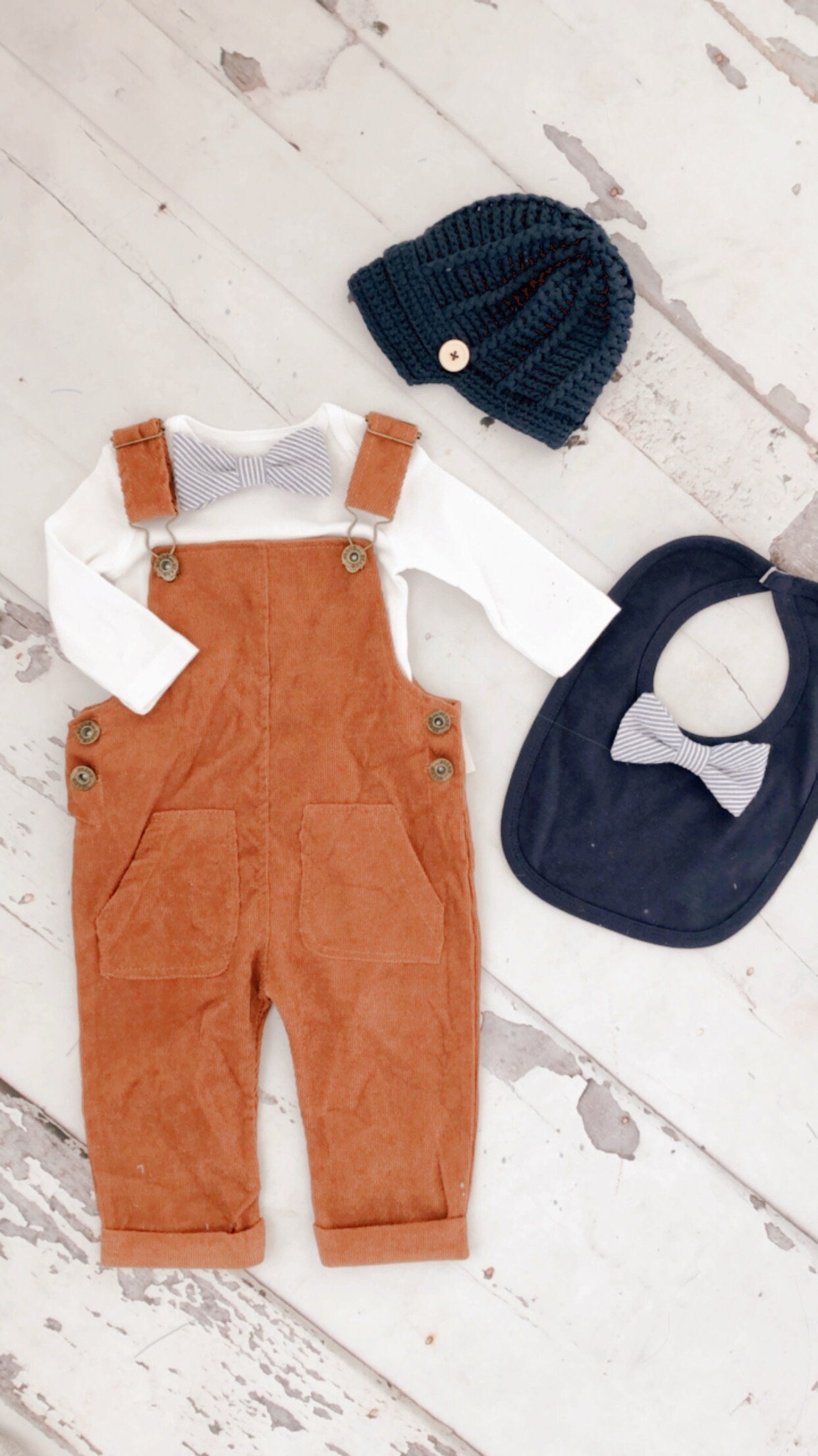 Thanksgiving Baby Boy Camel Corduroy Overalls & Seer Sucker BowTie Bodysuit 1st Birthday Newsboy Hat Pumpkin Spice Ginger Fall Autumn
