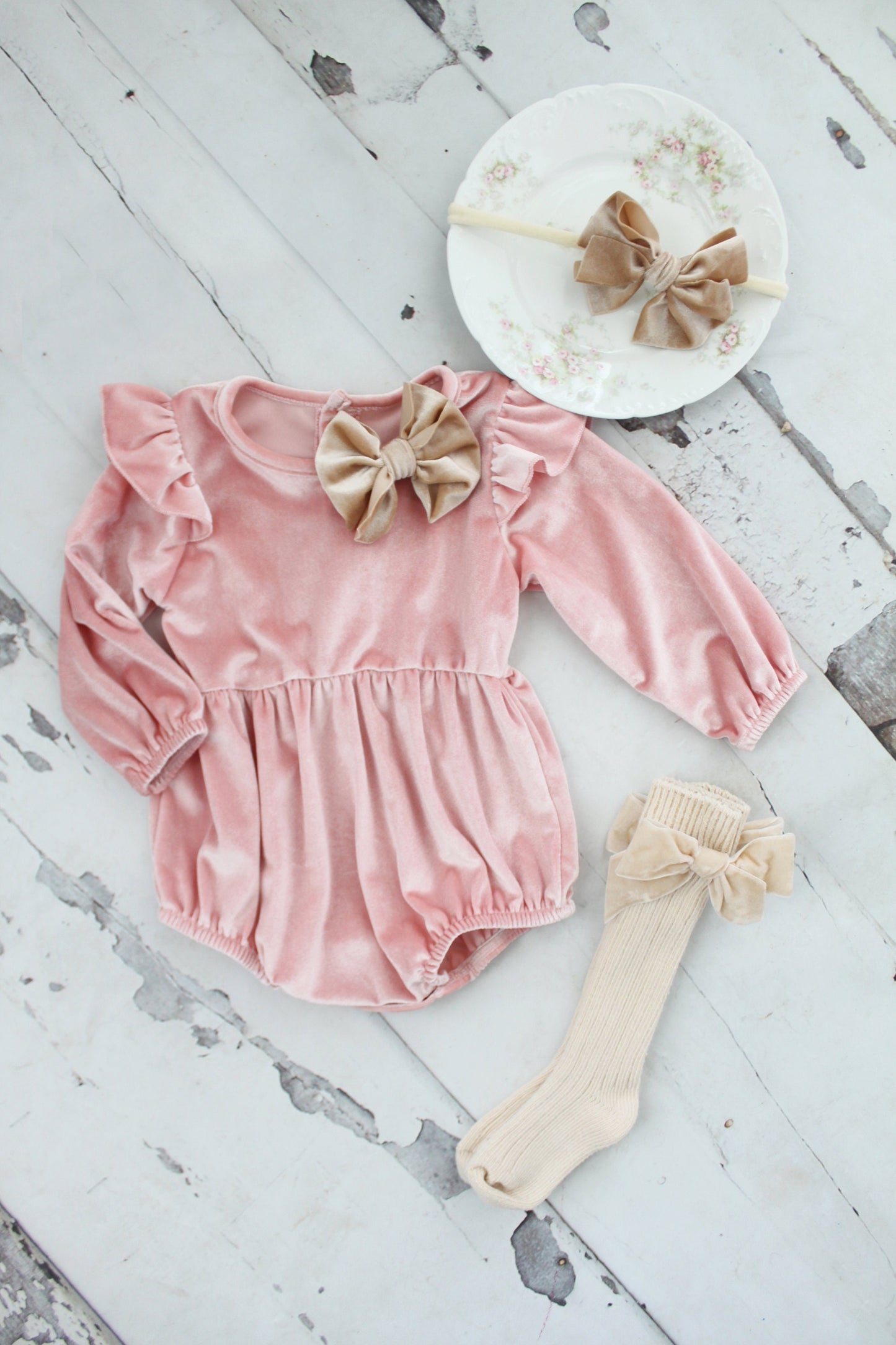 Baby Girl Christmas Holiday Hot Pink Velvet Romper with Velvet Bow Clip, Boho Baby, Thanksgiving Headband & Knee Socks Birthday Coming Home