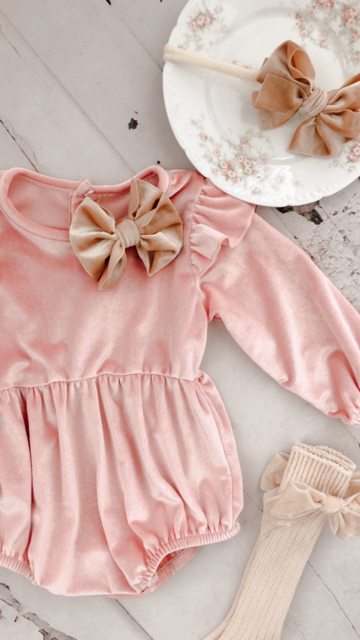 Baby Girl Christmas Holiday Hot Pink Velvet Romper with Velvet Bow Clip, Boho Baby, Thanksgiving Headband & Knee Socks Birthday Coming Home
