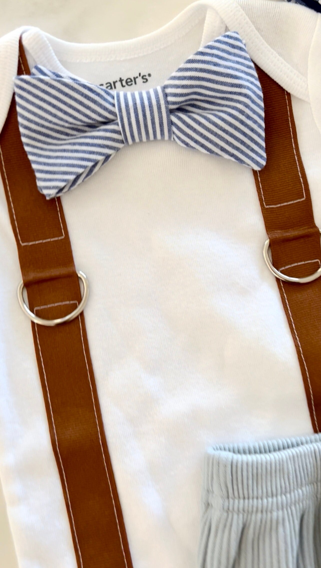 Newborn Baby Boy Coming Home Outfit Set. Seer Sucker Bow Tie Suspender Bodysuit, Knit Pants & Seer Sucker Newsboy Hat Tie Summer Holiday