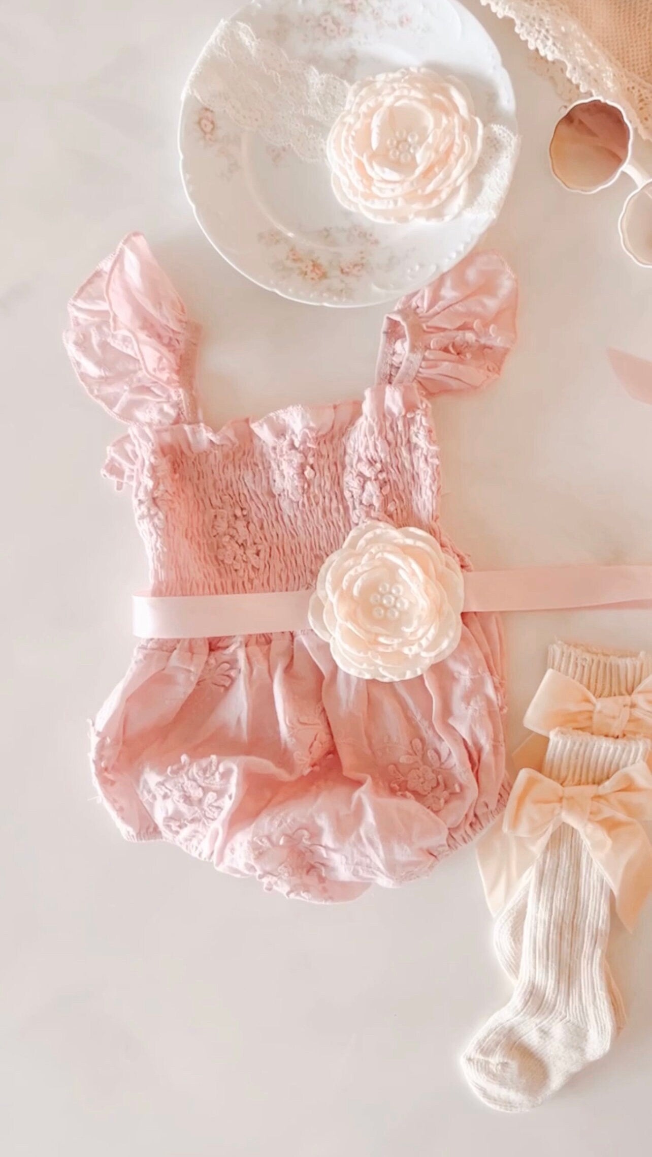 Easter Spring Boho Baby Girl Lace Romper, Lace Hat, Bow. Baby Shower Gift, Lace Dress, Coming Home Outfit Flower Girl 1st Birthday Pink