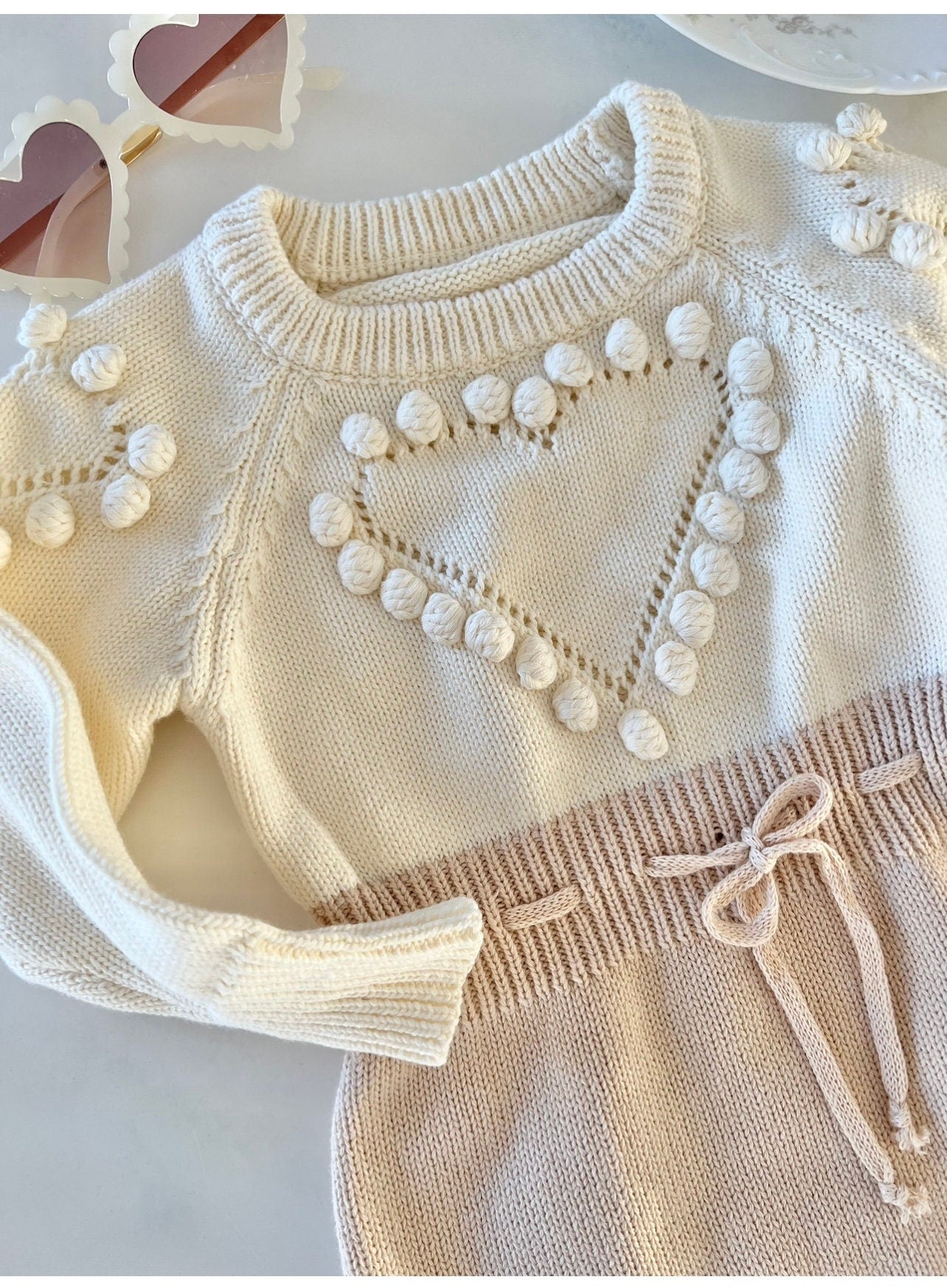 Valentine's Day Knit Heart Romper. Baby Girl Boho Sweater Romper, Pom Poms Outfit Heart Sunglasses and Bow. Easter 1st Birthday Coming Home