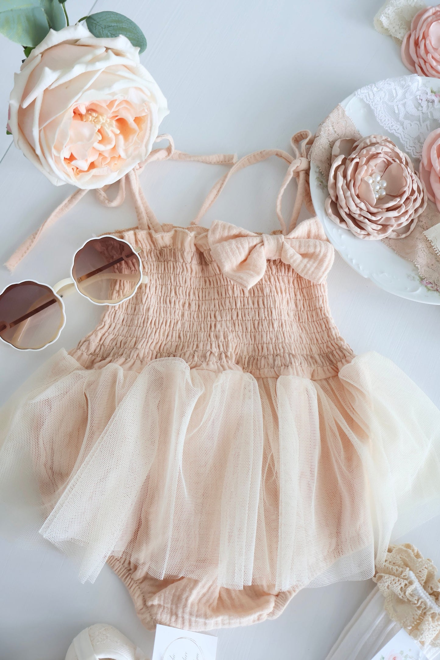 Easter Baby Girl Boho Smocked Ballet Tutu Romper, Bow, Floral Crown Headband, Spring Summer 1st Birthday, Newborn Coming Home Ballerina