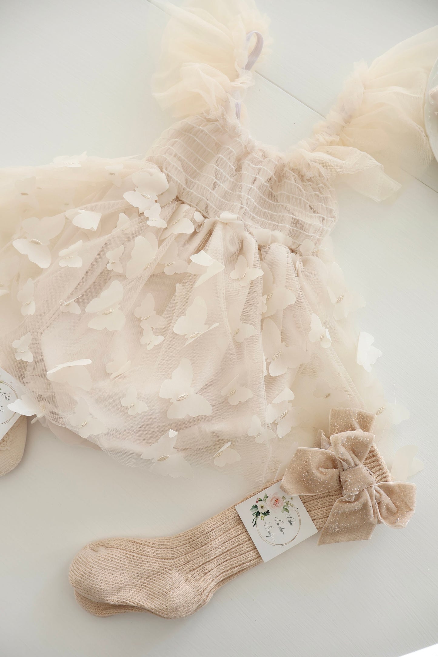 Baby Girl Christmas Holiday Boho Butterfly Tulle Dress Romper, Neutral Lace Bow, Coming Home Outfit Fall Thanksgiving Baby Shower Newborn