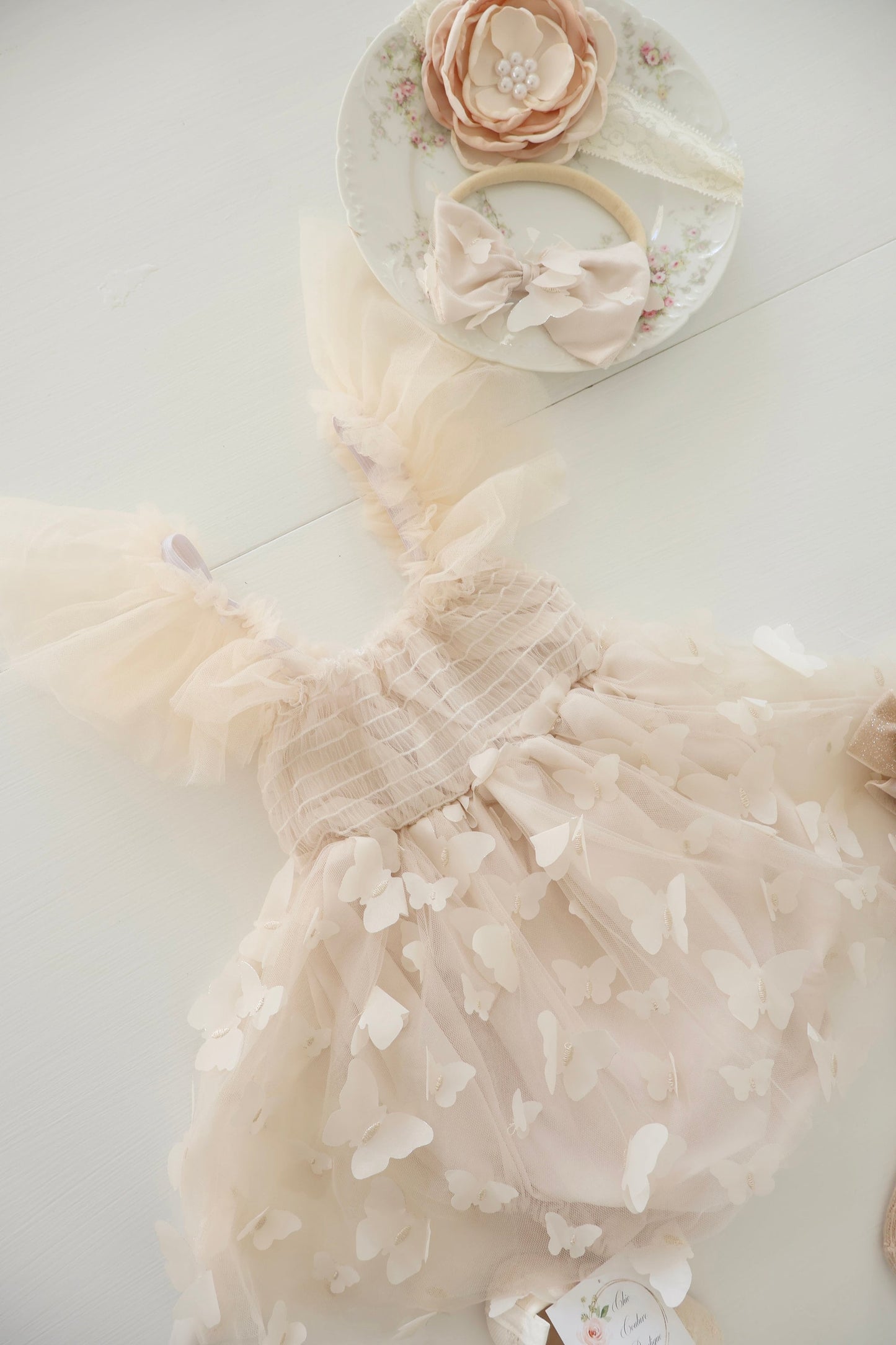 Baby Girl Boho Butterfly Tulle Dress Romper, Neutral Lace Bow, Coming Home Outfit Fall Thanksgiving Christmas Holiday Baby Shower Newborn