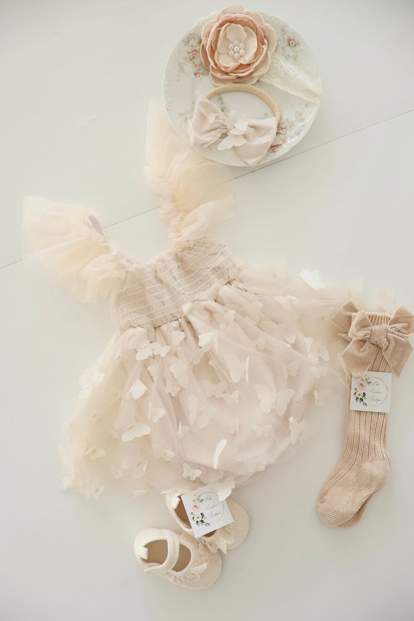 Baby Girl Christmas Holiday Boho Butterfly Tulle Dress Romper, Neutral Lace Bow, Coming Home Outfit Fall Thanksgiving Baby Shower Newborn