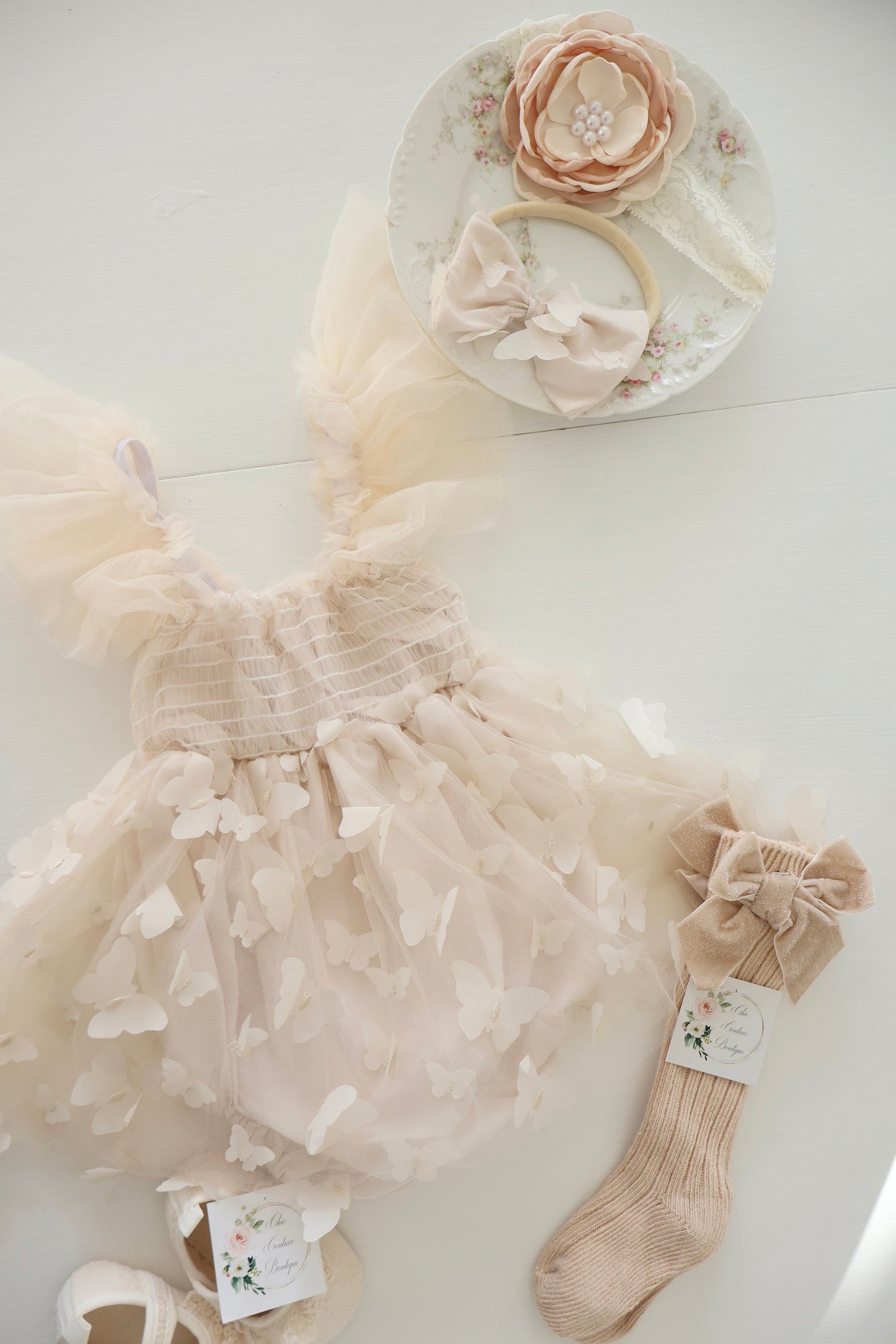 Baby Girl Christmas Holiday Boho Butterfly Tulle Dress Romper, Neutral Lace Bow, Coming Home Outfit Fall Thanksgiving Baby Shower Newborn