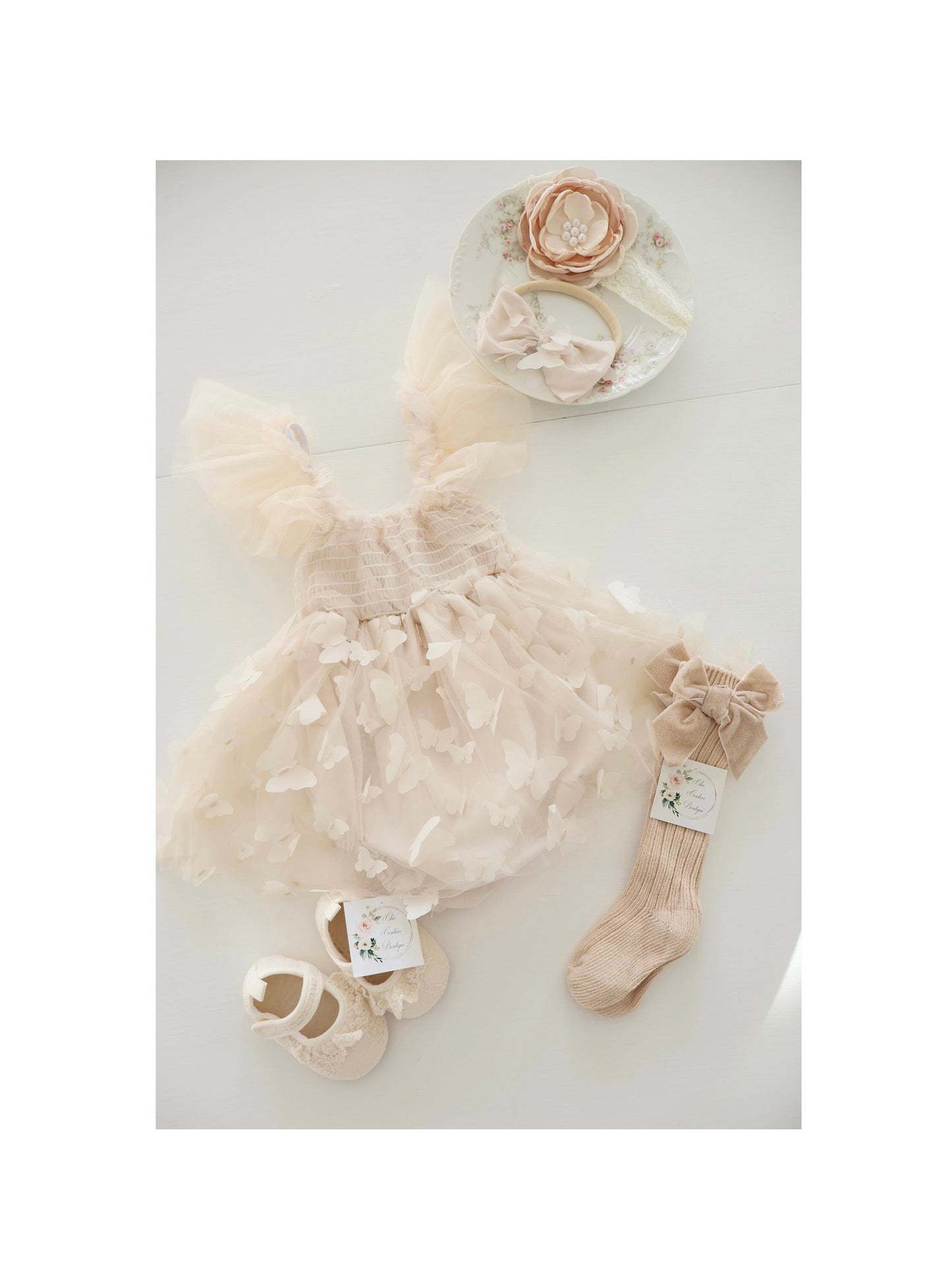 Baby Girl Christmas Holiday Boho Butterfly Tulle Dress Romper, Neutral Lace Bow, Coming Home Outfit Fall Thanksgiving Baby Shower Newborn