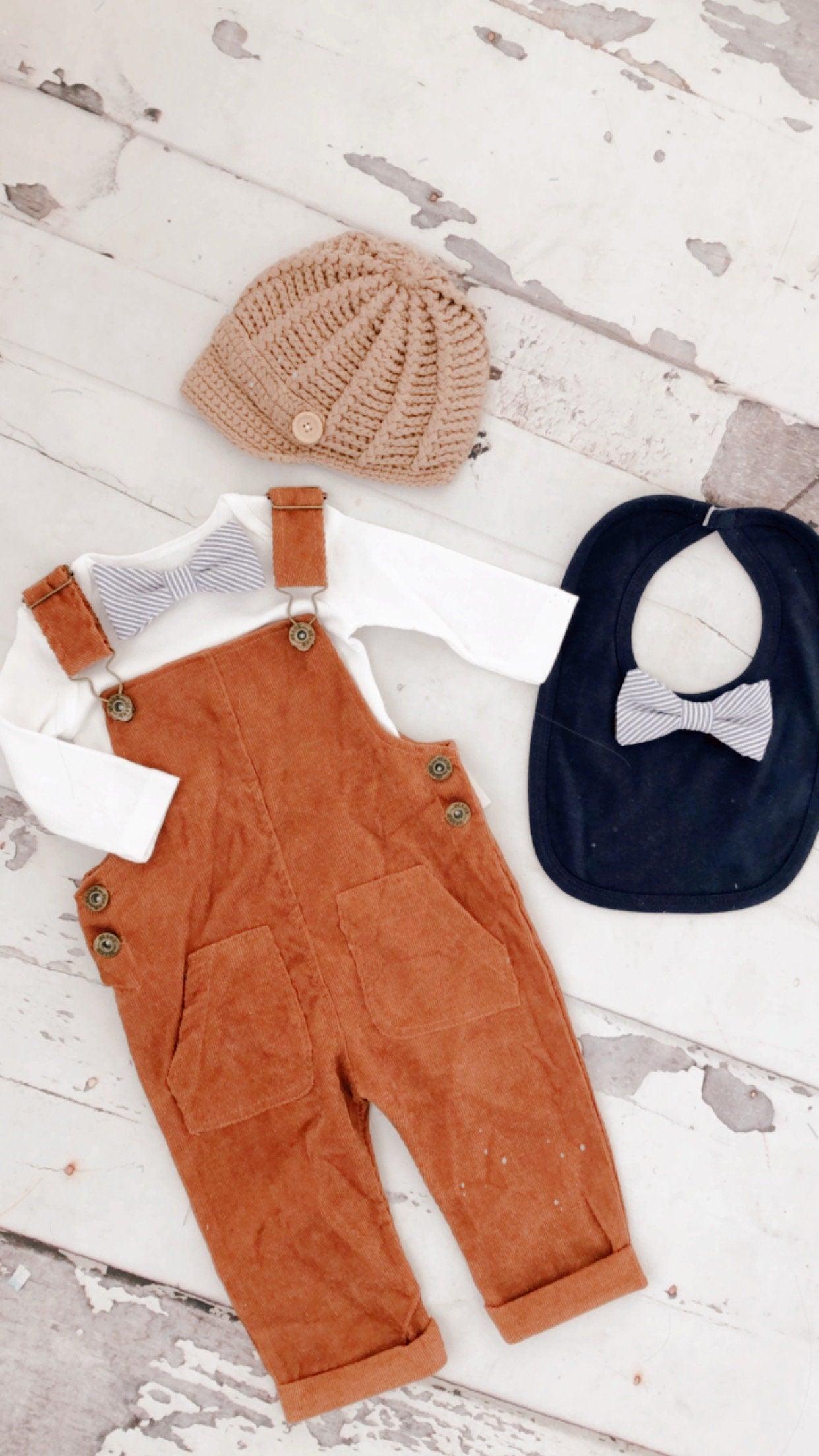 Thanksgiving Baby Boy Camel Corduroy Overalls & Seer Sucker BowTie Bodysuit 1st Birthday Newsboy Hat Pumpkin Spice Ginger Fall Autumn