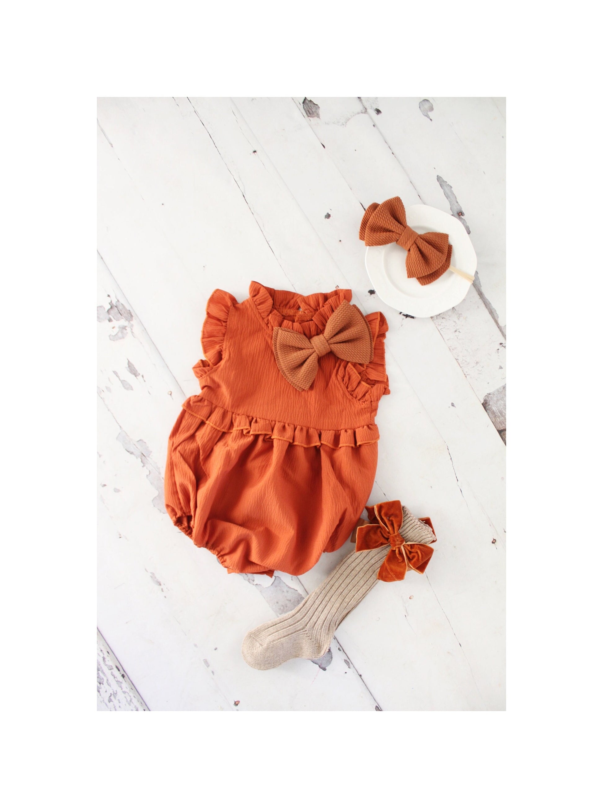 Thanksgiving Baby Girl Boho Ginger Ruffle Holiday Romper w Bow Clip, Bow Headband, Velvet Bow Knee High Socks 1st Birthday Pumpkin Spice