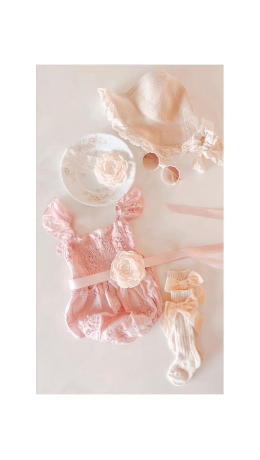 Easter Spring Boho Baby Girl Lace Romper, Lace Hat, Bow. Baby Shower Gift, Lace Dress, Coming Home Outfit Flower Girl 1st Birthday Pink