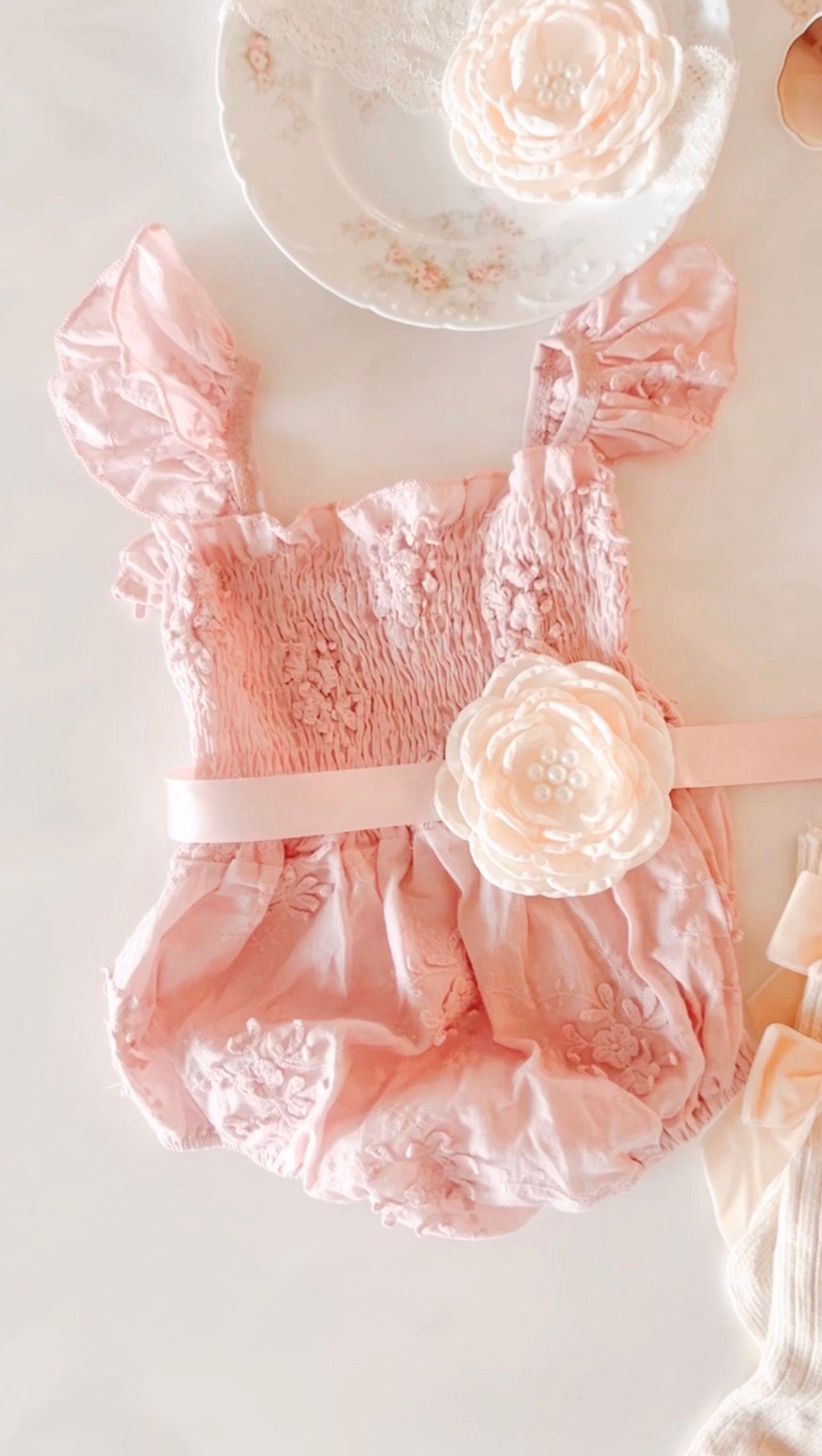 Easter Spring Boho Baby Girl Lace Romper, Lace Hat, Bow. Baby Shower Gift, Lace Dress, Coming Home Outfit Flower Girl 1st Birthday Pink
