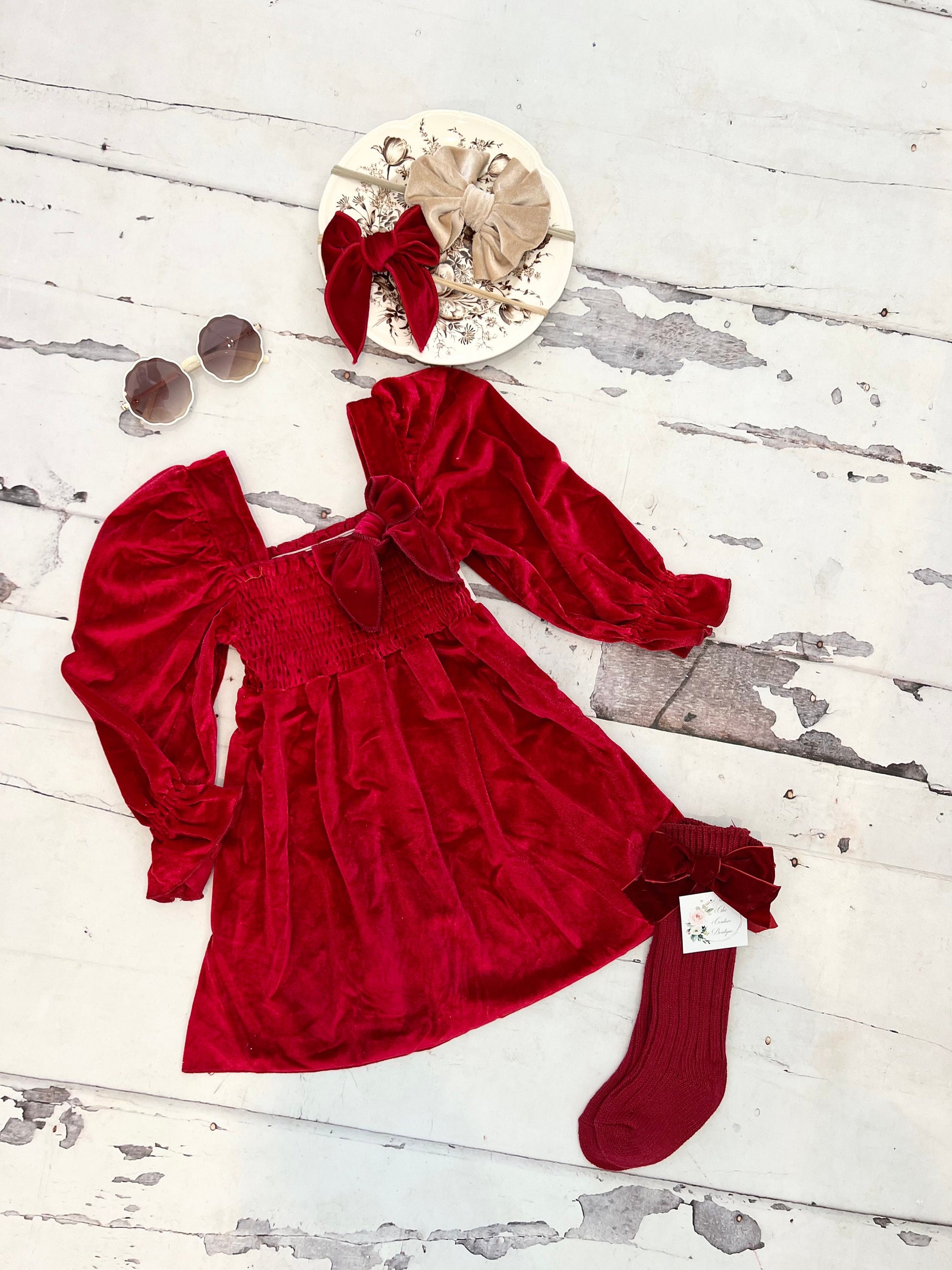 Christmas Velvet Smocked Dress. Baby Girl Boho Chic Red Velvet Holiday Outfit. Puffed Sleeves, Velvet Bow Headband, Flower Girl 1st Birthday