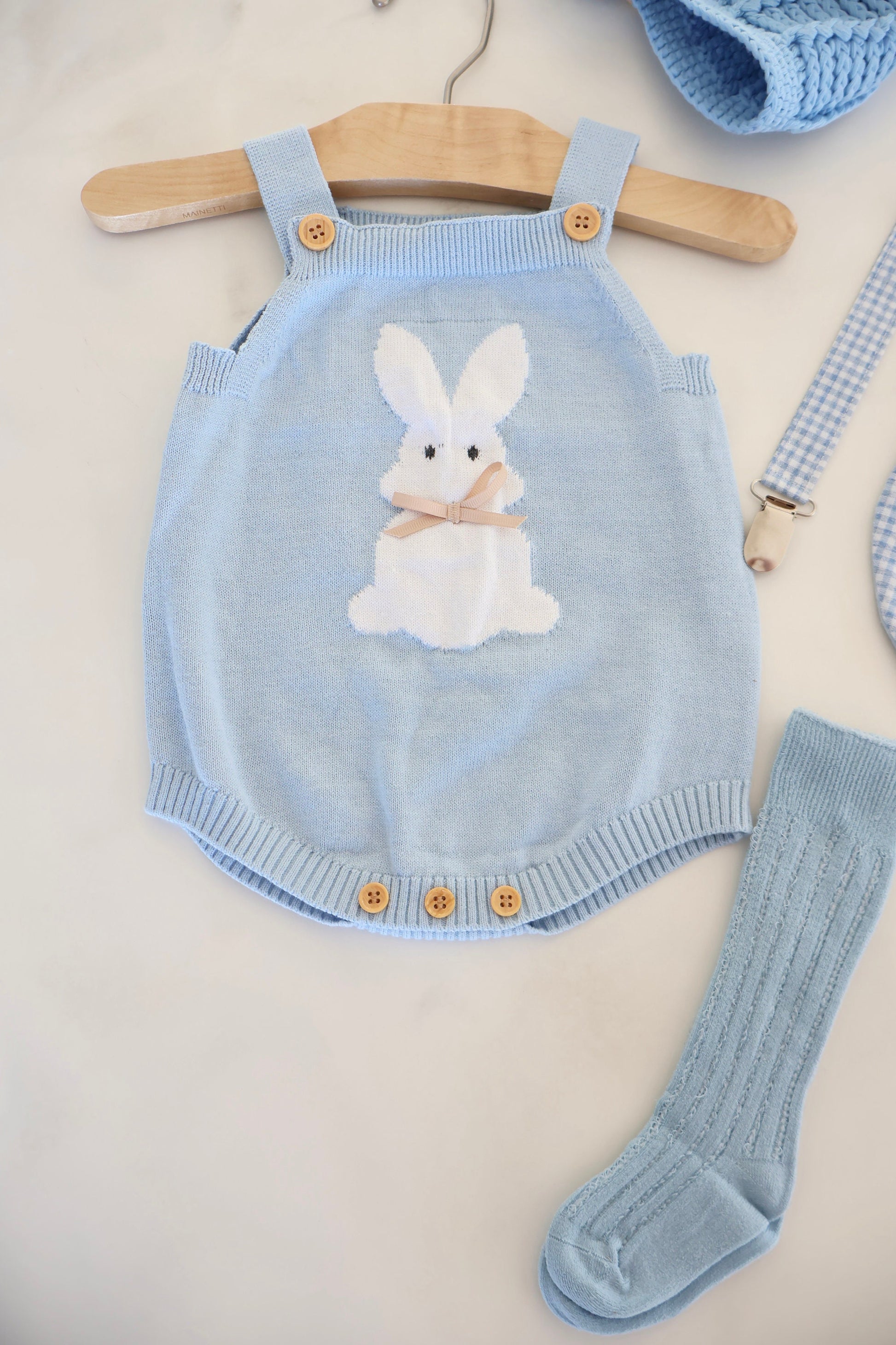 Spring Baby Boy Knit Romper, Easter Bunny Rabbit, Knee High Socks, Gingham Bib. Newborn Coming Home Outfit 1st Birthday Outfit Newsboy Hat