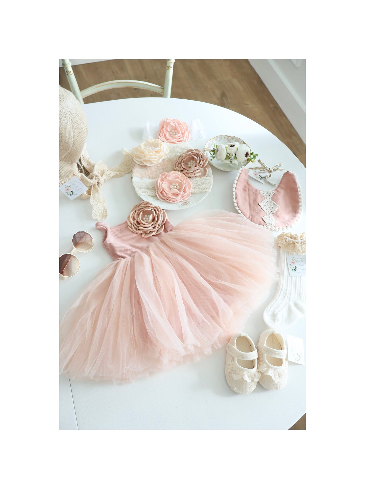 Baby Girl Blush Pink Boho Smocked Ballet Tutu Dress, Bow, Floral Crown Headband, Summer 1st Birthday, Newborn Coming Home Outfit Pettiskirt