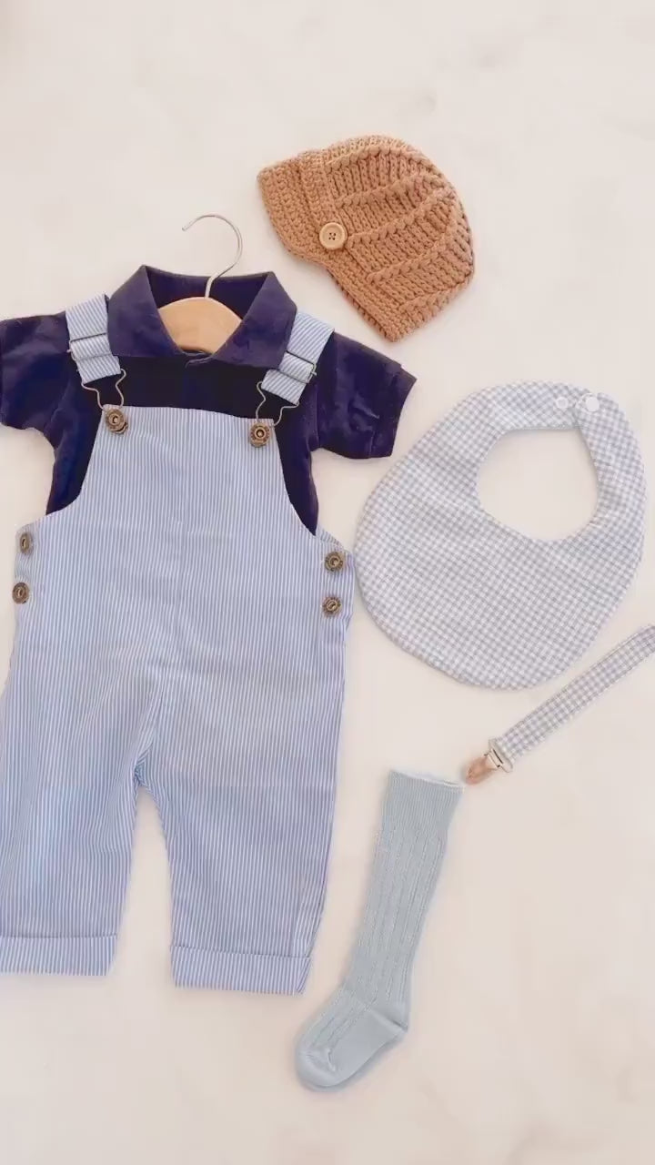 Easter Baby Boy Overalls Romper Jumpsuit, Polo Bodysuit, Knit Newsboy Hat, Gingham Bib, Seersucker Newborn Coming Home Outfit 1st Birthday