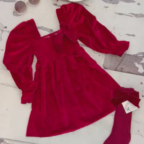 Christmas Velvet Smocked Dress. Baby Girl Boho Chic Red Velvet Holiday Outfit. Puffed Sleeves, Velvet Bow Headband, Flower Girl 1st Birthday