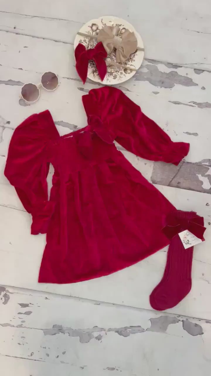 Christmas Velvet Smocked Dress. Baby Girl Boho Chic Red Velvet Holiday Outfit. Puffed Sleeves, Velvet Bow Headband, Flower Girl 1st Birthday