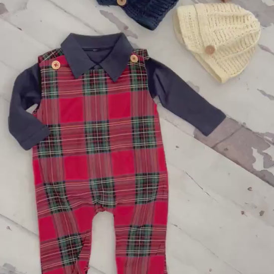 Christmas Holiday Baby Boy Overalls Jumpsuit Romper. Red Plaid Baby Boy Coming Home Outfit 1st Birthday Outfit Newsboy Hat, Bear Appliqué