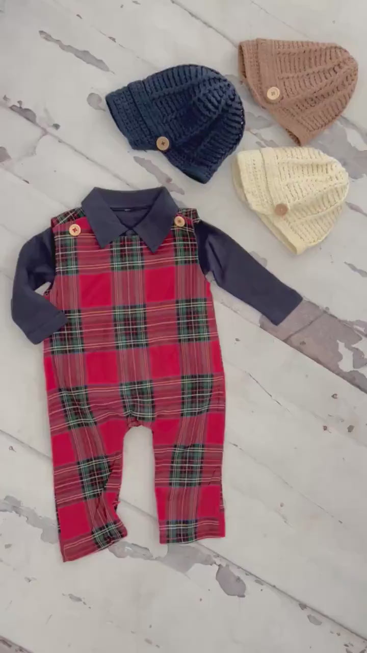 Christmas Holiday Baby Boy Overalls Jumpsuit Romper. Red Plaid Baby Boy Coming Home Outfit 1st Birthday Outfit Newsboy Hat, Bear Appliqué