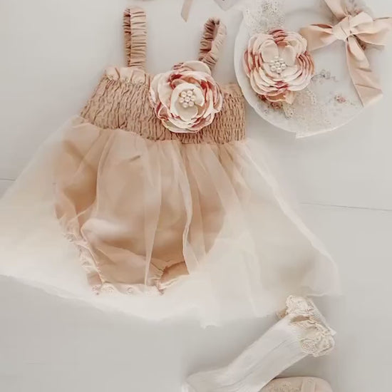 Boho Baby Tulle Dress Romper, Lovely Neutral Lace, Rose Bow, Coming Home Outfit, Summer Dress, 4th of July, Baby Shower Gift Wedding Newborn