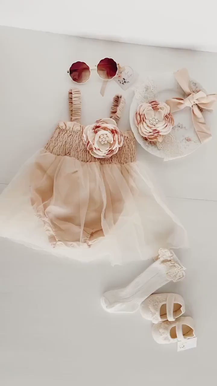 Boho Baby Tulle Dress Romper, Lovely Neutral Lace, Rose Bow, Coming Home Outfit, Summer Dress, 4th of July, Baby Shower Gift Wedding Newborn