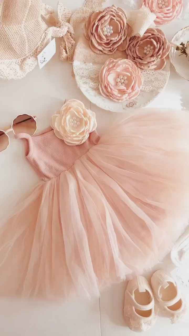 Baby Girl Blush Pink Boho Smocked Ballet Tutu Dress, Bow, Floral Crown Headband, Summer 1st Birthday, Newborn Coming Home Outfit Pettiskirt