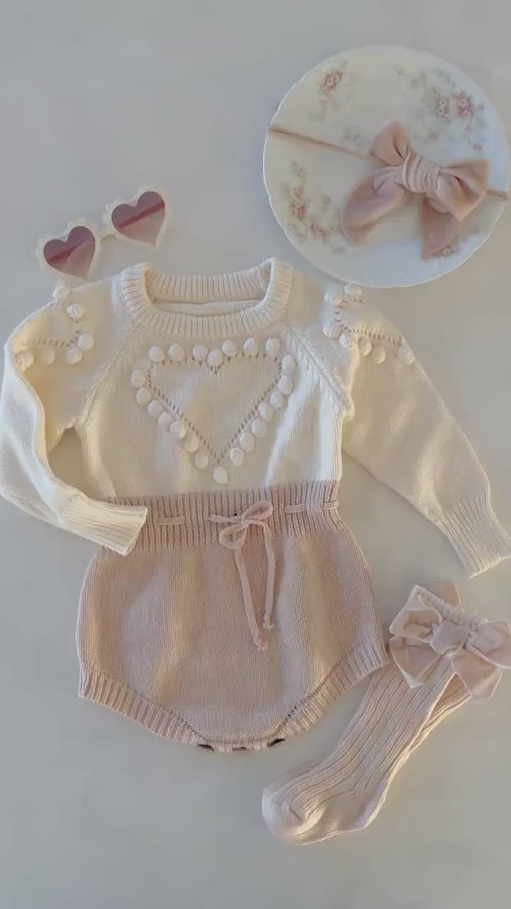 Valentine's Day Knit Heart Romper. Baby Girl Boho Sweater Romper, Pom Poms Outfit Heart Sunglasses and Bow. Easter 1st Birthday Coming Home