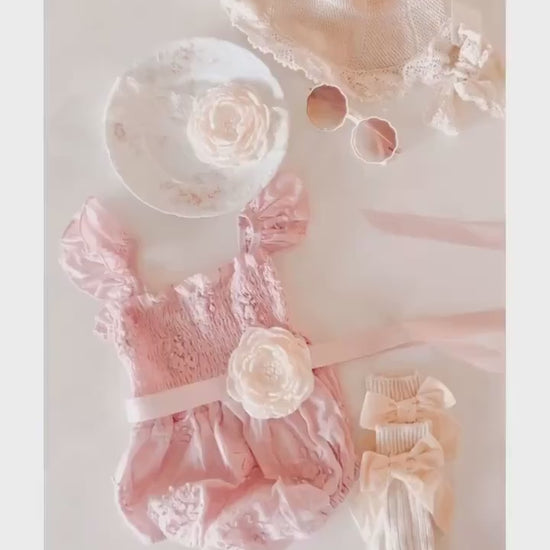 Easter Spring Boho Baby Girl Lace Romper, Lace Hat, Bow. Baby Shower Gift, Lace Dress,  Coming Home Outfit Flower Girl 1st Birthday Pink