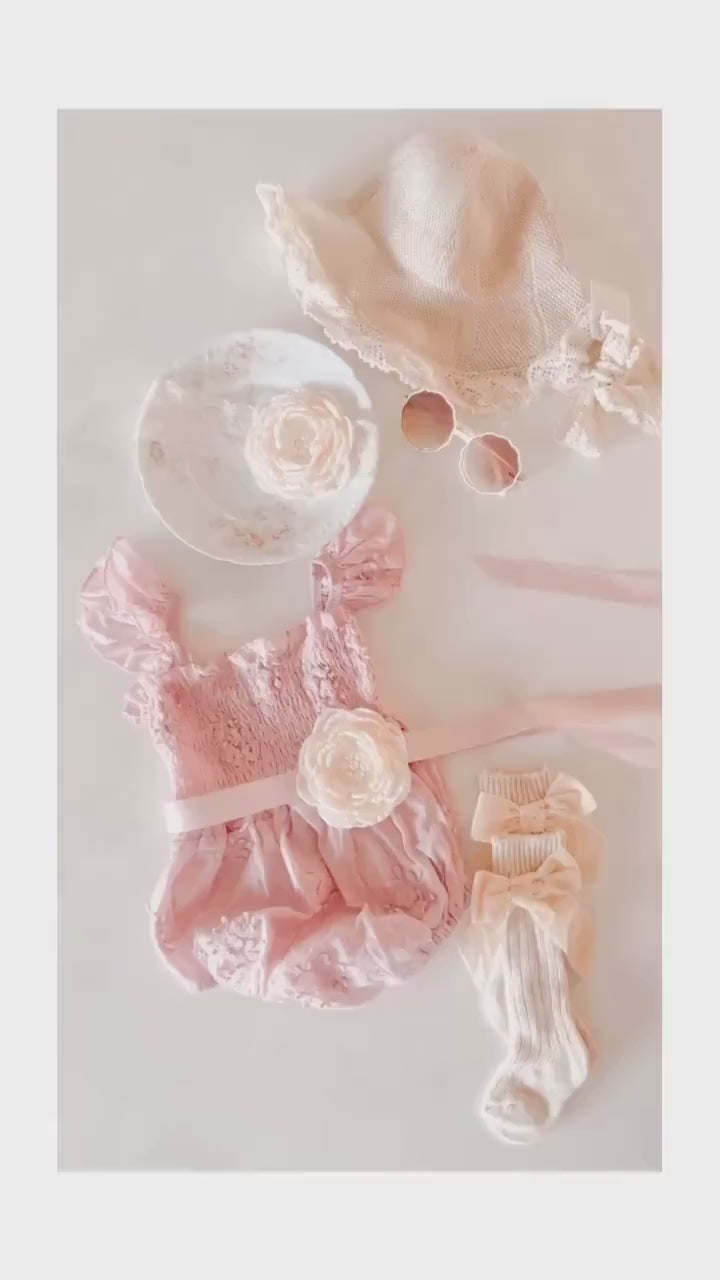 Easter Spring Boho Baby Girl Lace Romper, Lace Hat, Bow. Baby Shower Gift, Lace Dress,  Coming Home Outfit Flower Girl 1st Birthday Pink