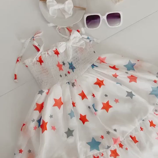 Size 3 months - 4T 4th of July Tulle Dress. Independence Day Dress Stars and Stripes. Red white and Blue.  Summer, Sunhat, Sunglasses, Baby