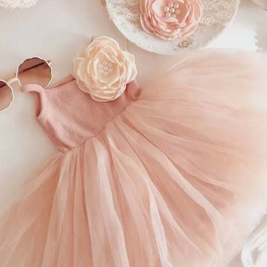 Baby Girl Blush Pink Boho Smocked Ballet Tutu Dress, Bow, Floral Crown Headband, Summer 1st Birthday, Newborn Coming Home Outfit Pettiskirt