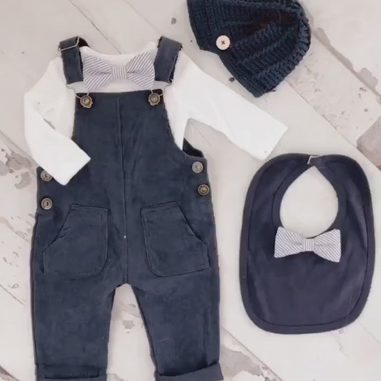 Easter Spring  Baby Boy Navy Blue Corduroy Overalls with Seersucker Bow Tie Bodysuit Baby Boy Coming Home Outfit 1st Birthday Newsboy Hat