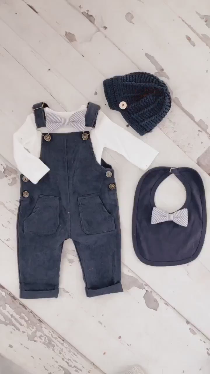 Easter Spring  Baby Boy Navy Blue Corduroy Overalls with Seersucker Bow Tie Bodysuit Baby Boy Coming Home Outfit 1st Birthday Newsboy Hat