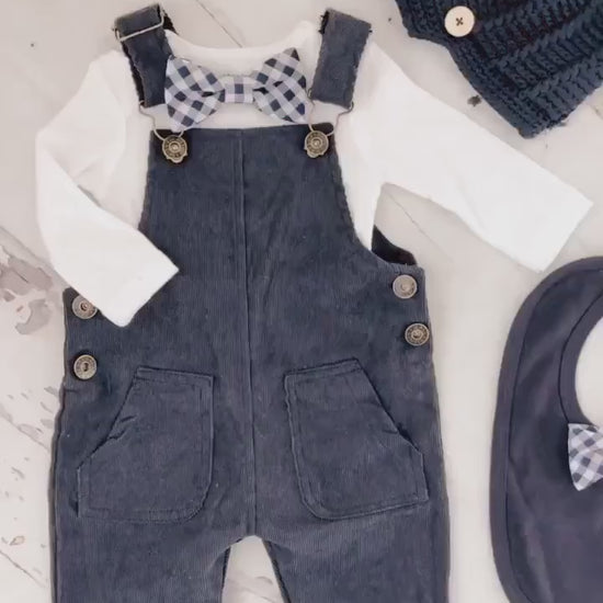 Christmas Holiday Baby Boy Navy Blue Corduroy Overalls with Gingham Bow Tie Bodysuit Baby Boy Coming Home Outfit 1st Birthday Newsboy Hat