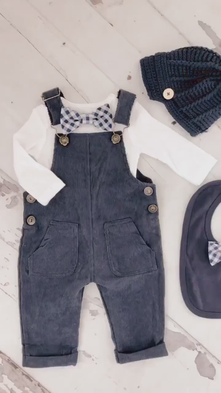 Christmas Holiday Baby Boy Navy Blue Corduroy Overalls with Gingham Bow Tie Bodysuit Baby Boy Coming Home Outfit 1st Birthday Newsboy Hat