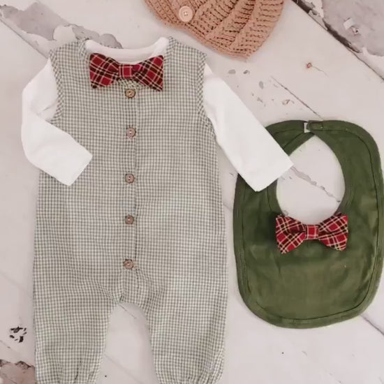 Christmas Holiday Baby Boy Green Gingham Jumpsuit Romper with Bow Tie Bodysuit Baby Boy Coming Home Outfit 1st Birthday Outfit Newsboy Hat